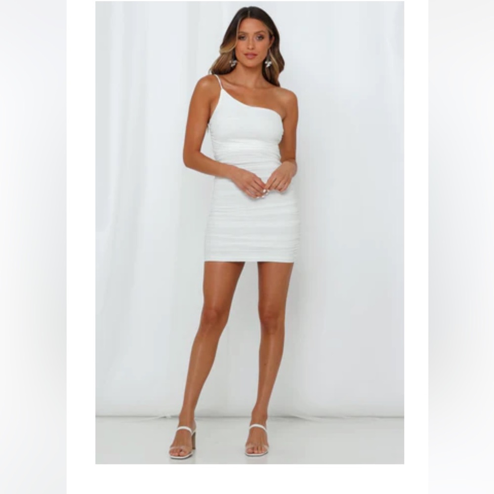 White mini dress, one shoulder/ hello molly
